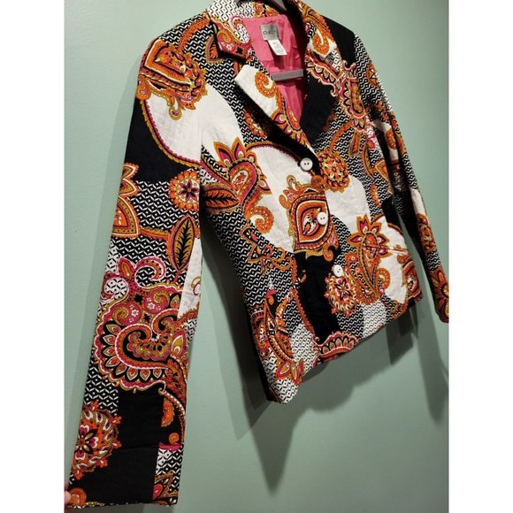 Chicos Pink Orange Black Paisley 3 Button Blazer Size 0 Or 4 - Picture 3 of 6